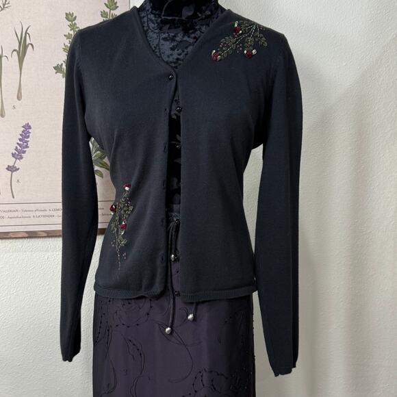 Vintage 90s Y2k Floral Embroidered Cardigan Sweater Dark Coquette Whimsigoth M - Picture 1 of 8